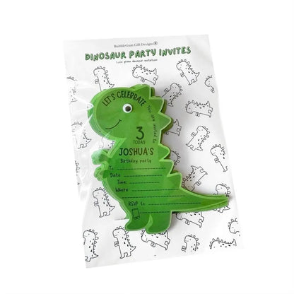 Personalised T-Rex Birthday Invitations – Green Dinosaur Shaped Party Invites with googly eyes including name, date, time, location, rsvp