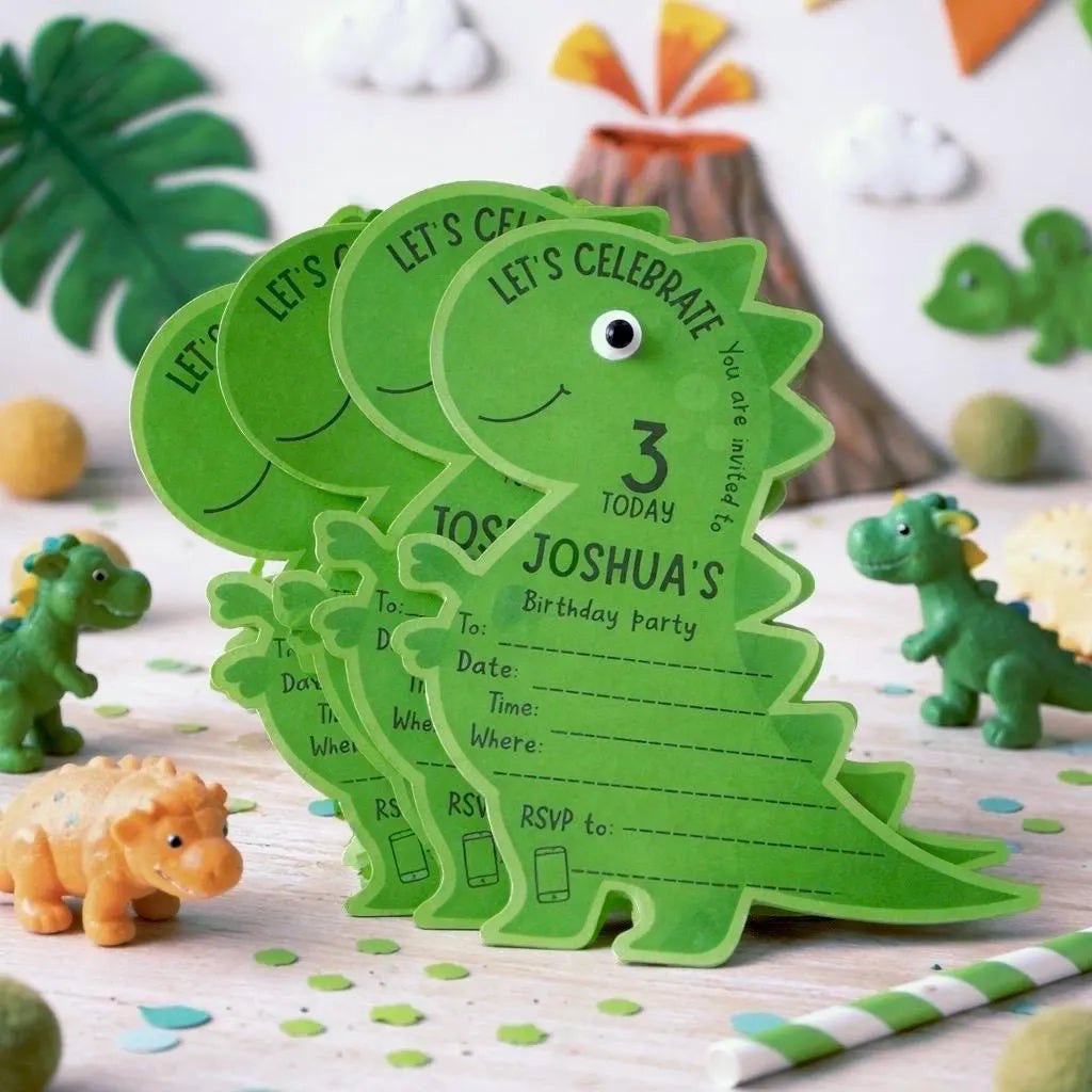 Personalised T-Rex Birthday Invitations – Green Dinosaur Shaped Party Invites with googly eyes including name, date, time, location, rsvp