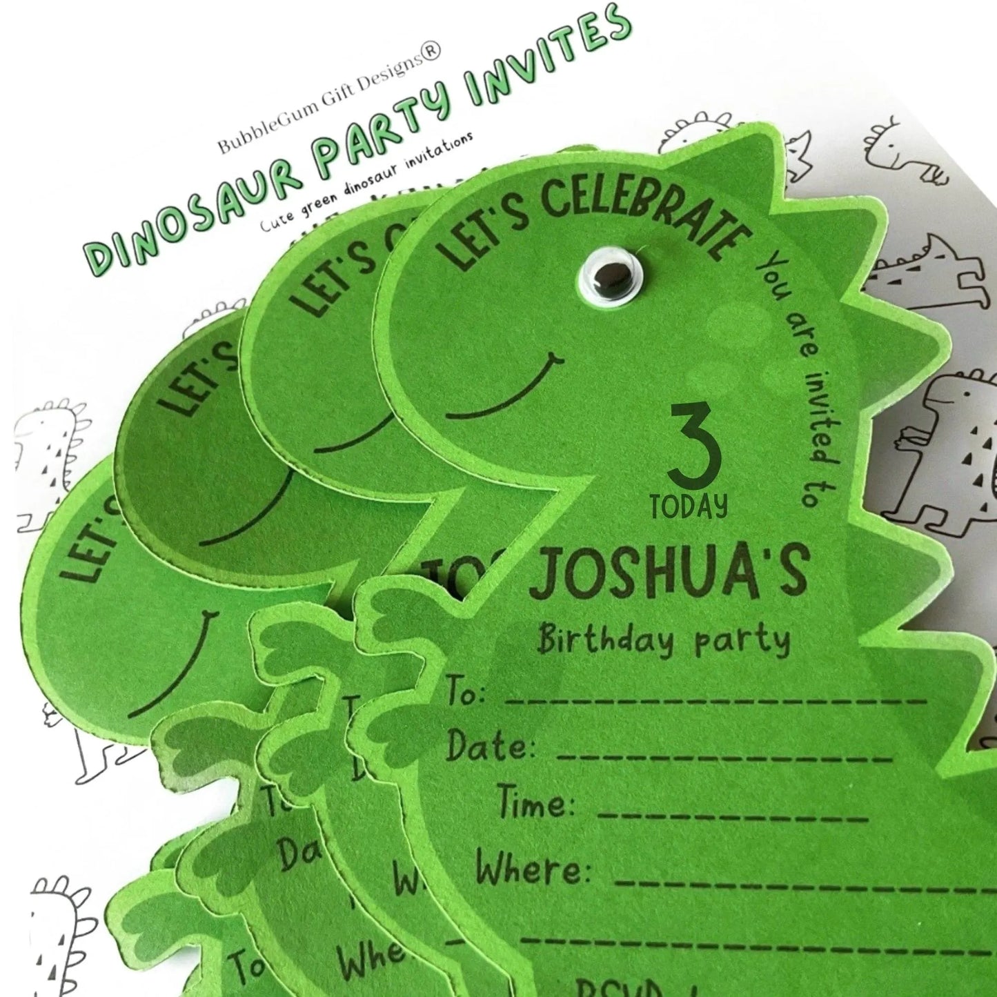 Personalised T-Rex Birthday Invitations – Green Dinosaur Shaped Party Invites with googly eyes including name, date, time, location, rsvp