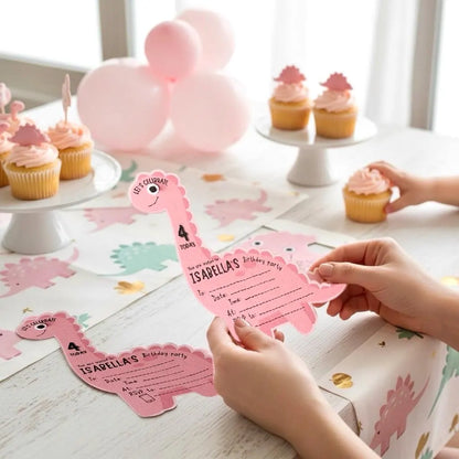 Pink dinosaur birthday invitations Long neck dinosaur party invite with googly eyes Personalised dinosaur shaped invitation pack