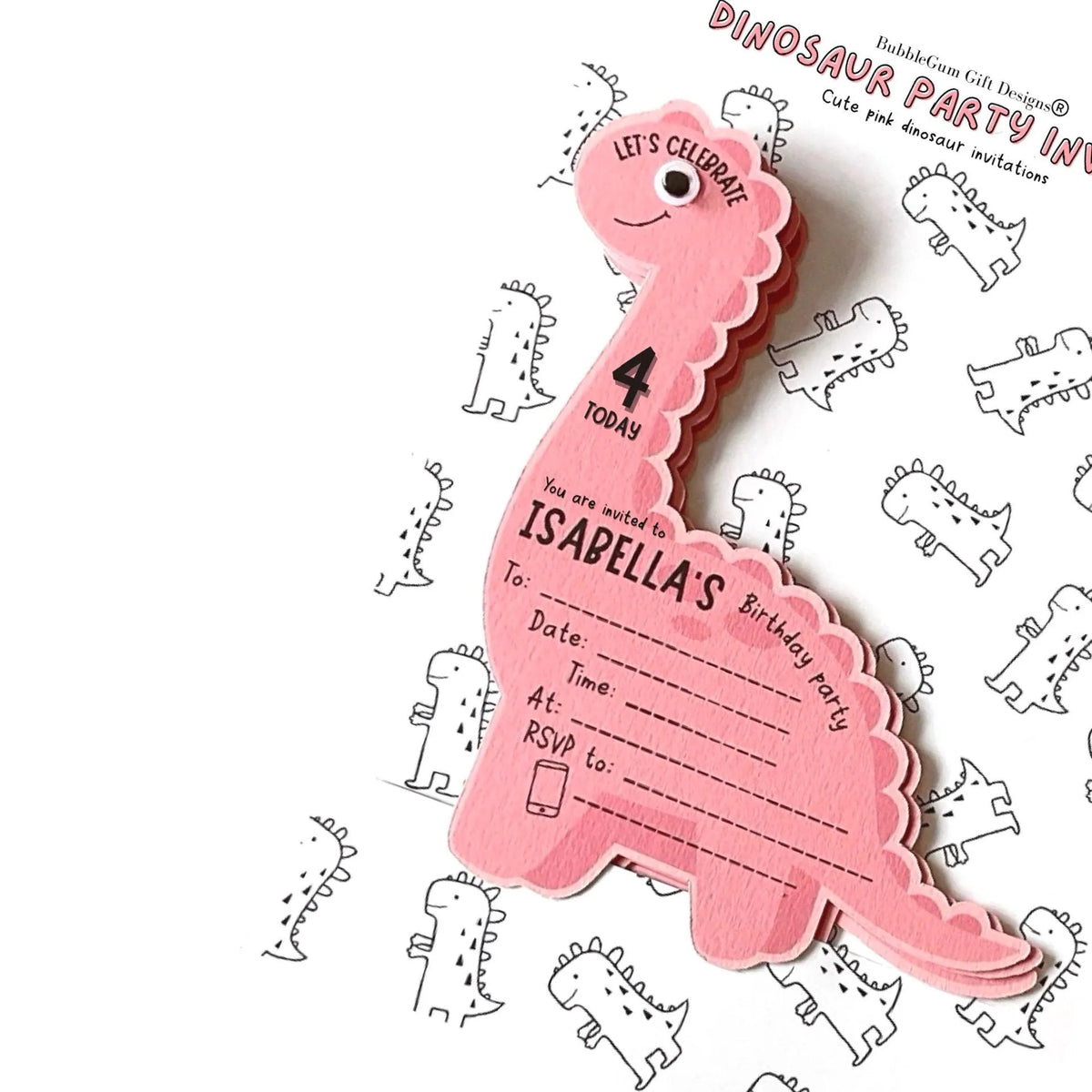 Pink dinosaur birthday invitations Long neck dinosaur party invite with googly eyes Personalised dinosaur shaped invitation pack