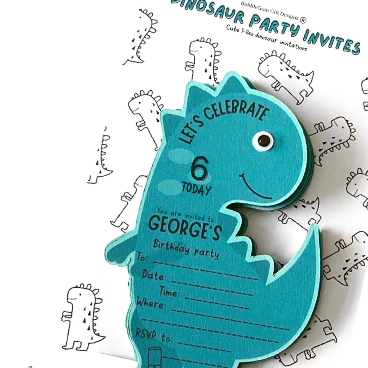 Blue dinosaur birthday invitation T-rex party invite with googly eyes Personalised Dinosaur invite pack Premium card Friendly dino