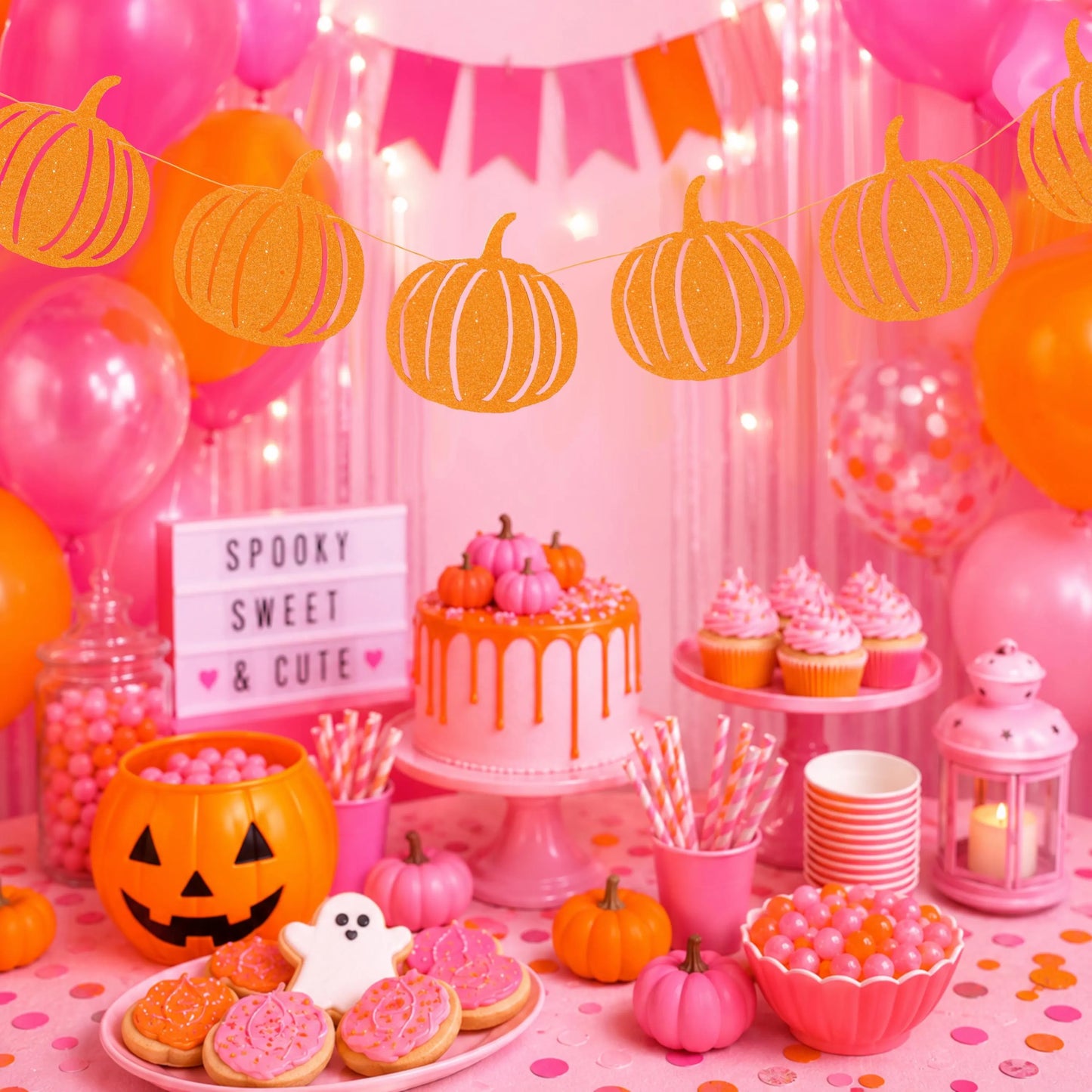 Bright neon orange glitter pumpkin Bunting Retro Halloween decorations 1x12