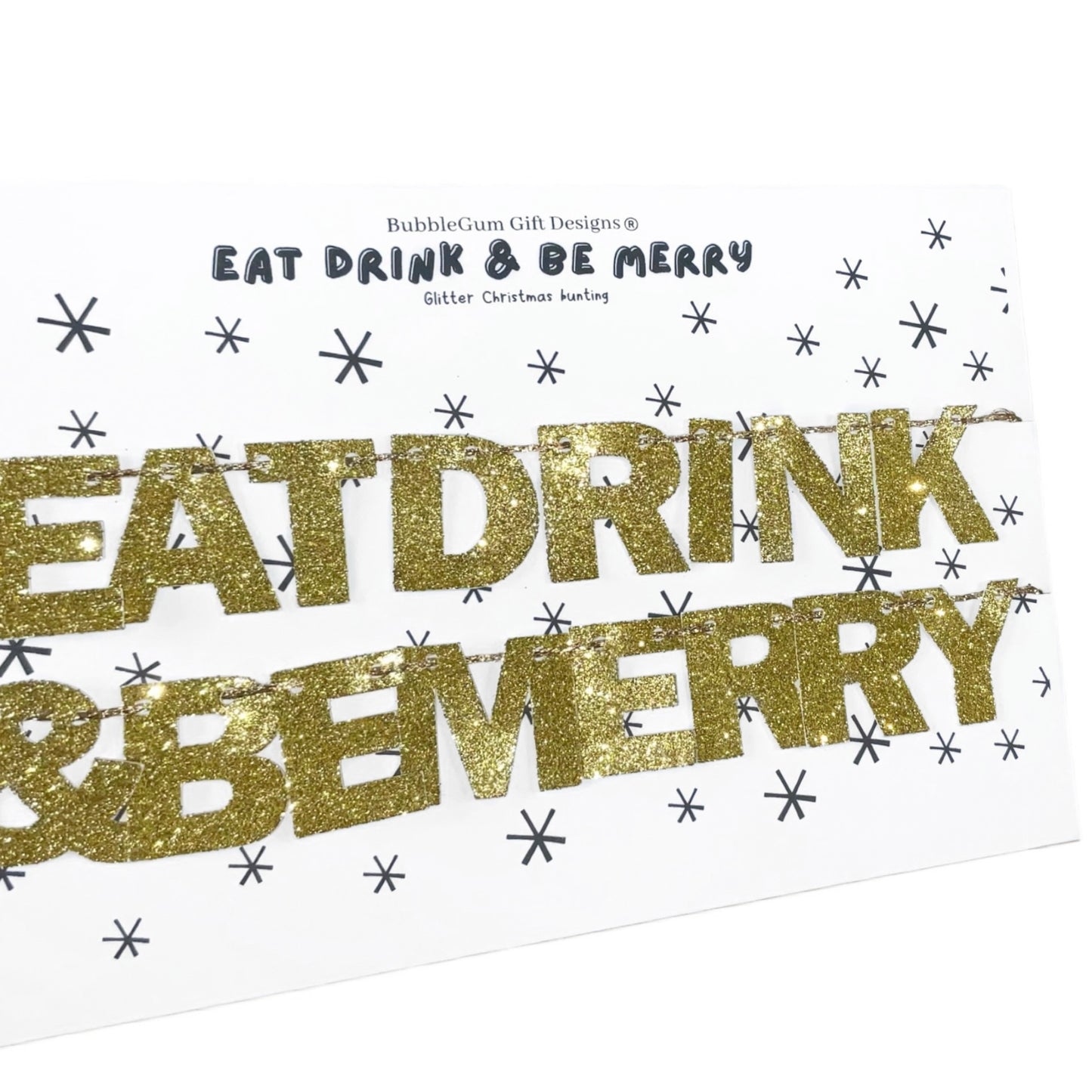 Mini gold glitter Eat drink and be Merry bunting, Sparkly festive Christmas decoration