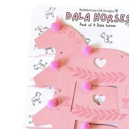 Pink Christmas Swedish Dala horse garland with pom poms, hugge Magical symbol of good luck, traditional Norwegian