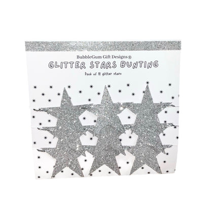 Silver glitter stars bunting with silver metallic string