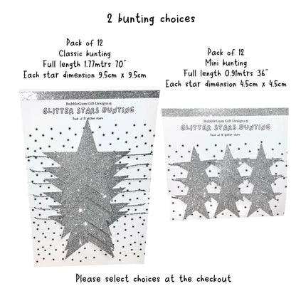 Silver glitter stars bunting with silver metallic string