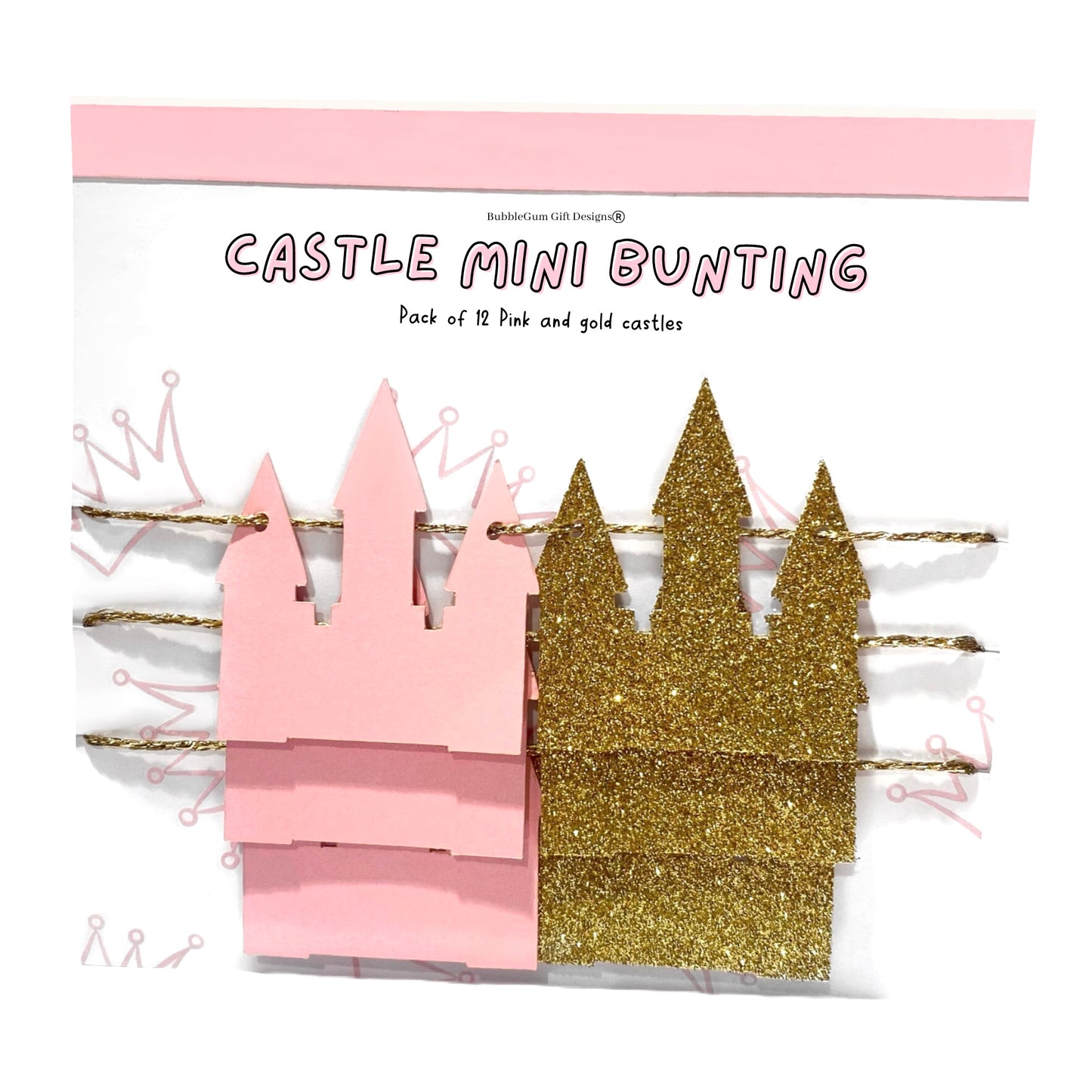 Mini Princess castle garland, Fairy tale princess theme party, Pink and gold castle mini bunting, Princess baby shower shelf decor