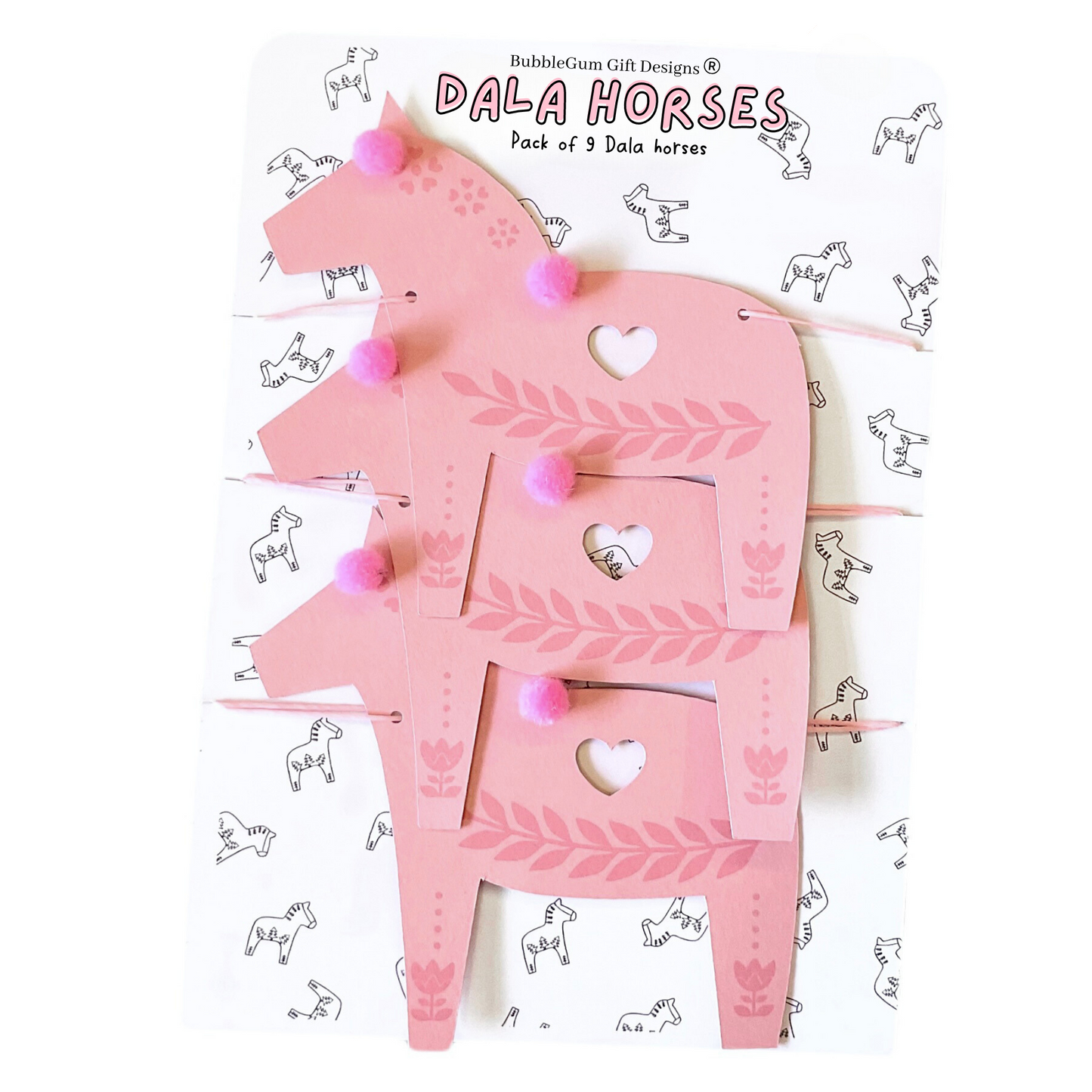 Pink Christmas Swedish Dala horse garland with pom poms, hugge Magical symbol of good luck, traditional Norwegian