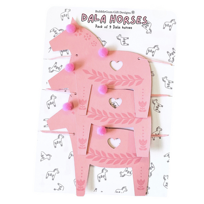 Pink Christmas Swedish Dala horse garland with pom poms, hugge Magical symbol of good luck, traditional Norwegian