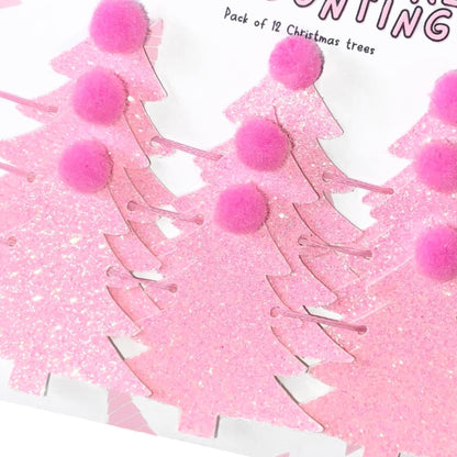 Pink Christmas tree mini bunting with pink Pom poms festive Christmas garland kitsch Christmas glitter decoration