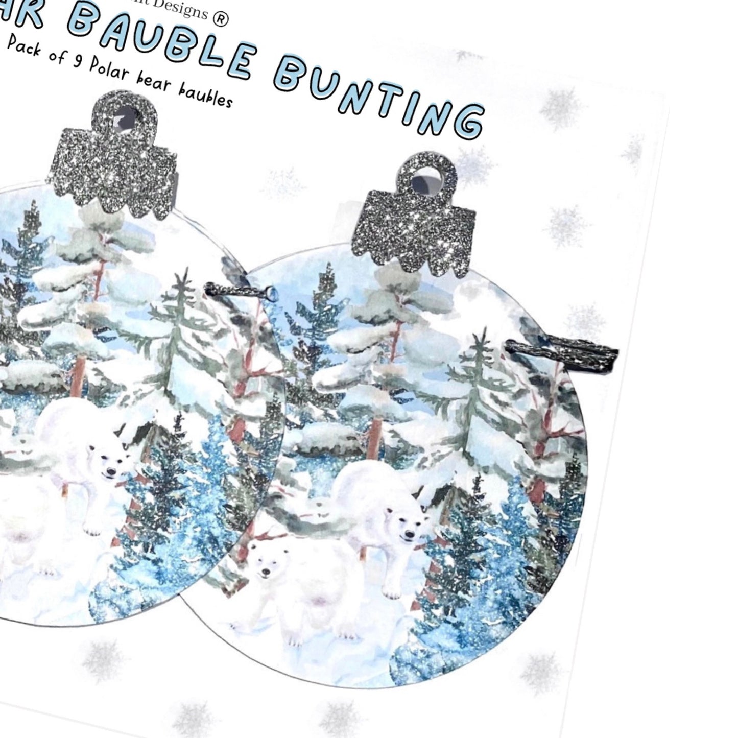 Polar bear Christmas garland, Winter scene bauble shaped bunting with glitter tops