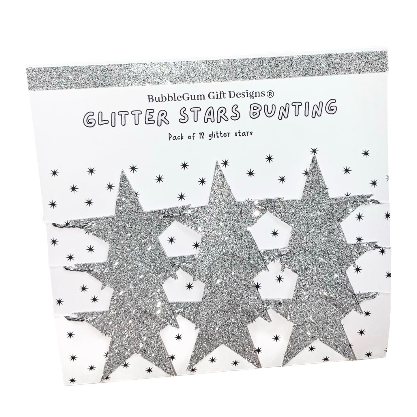 Silver glitter stars bunting with silver metallic string