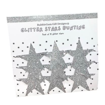 Silver glitter stars bunting with silver metallic string