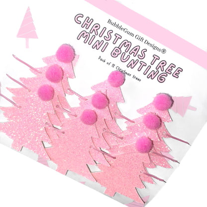 Pink Christmas tree mini bunting with pink Pom poms festive Christmas garland kitsch Christmas glitter decoration