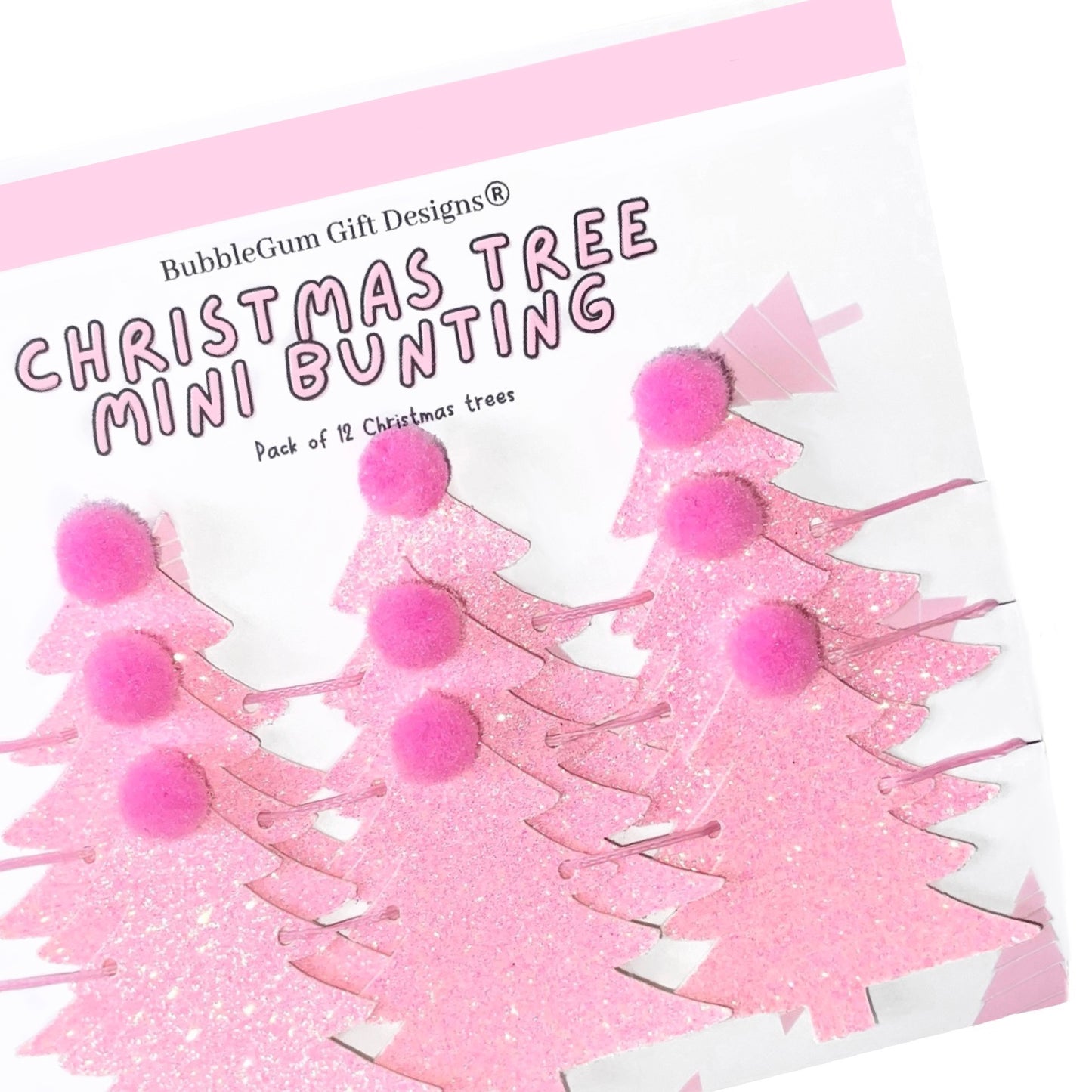 Pink Christmas tree mini bunting with pink Pom poms festive Christmas garland kitsch Christmas glitter decoration