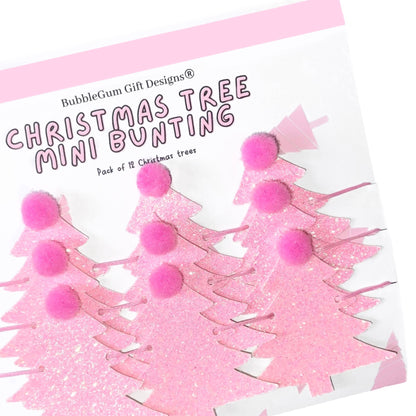 Pink Christmas tree mini bunting with pink Pom poms festive Christmas garland kitsch Christmas glitter decoration