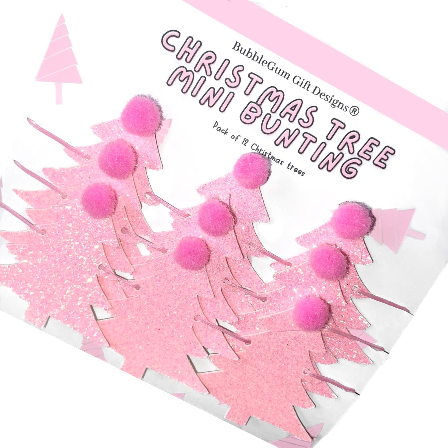 Pink Christmas tree mini bunting with pink Pom poms festive Christmas garland kitsch Christmas glitter decoration