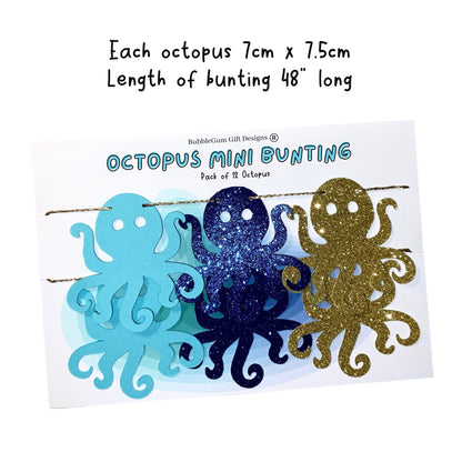 Mini glitter octopus bunting, Nautical baby shower or under the sea birthday decorations, Cute octopus in ocean blues and gold