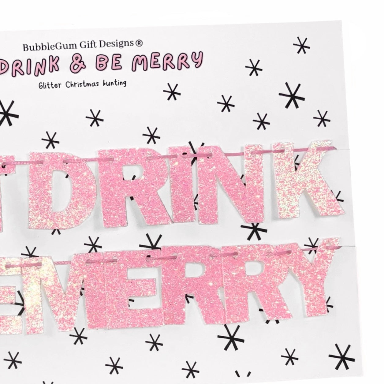 Mini Eat drink and be merry Christmas bunting, Pink glitter sparkly festive pink garland Christmas party decoration