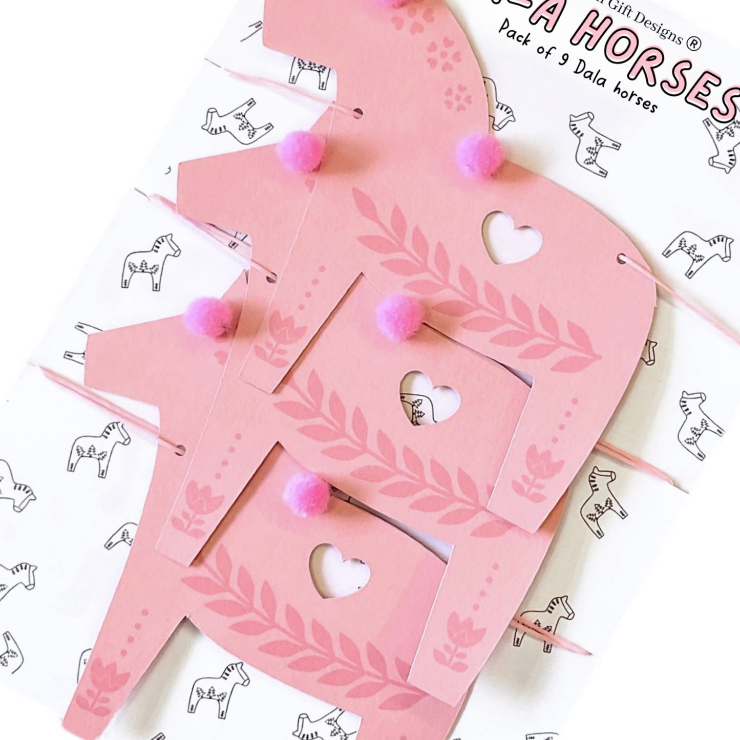 Pink Christmas Swedish Dala horse garland with pom poms, hugge Magical symbol of good luck, traditional Norwegian