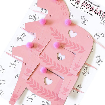 Pink Christmas Swedish Dala horse garland with pom poms, hugge Magical symbol of good luck, traditional Norwegian