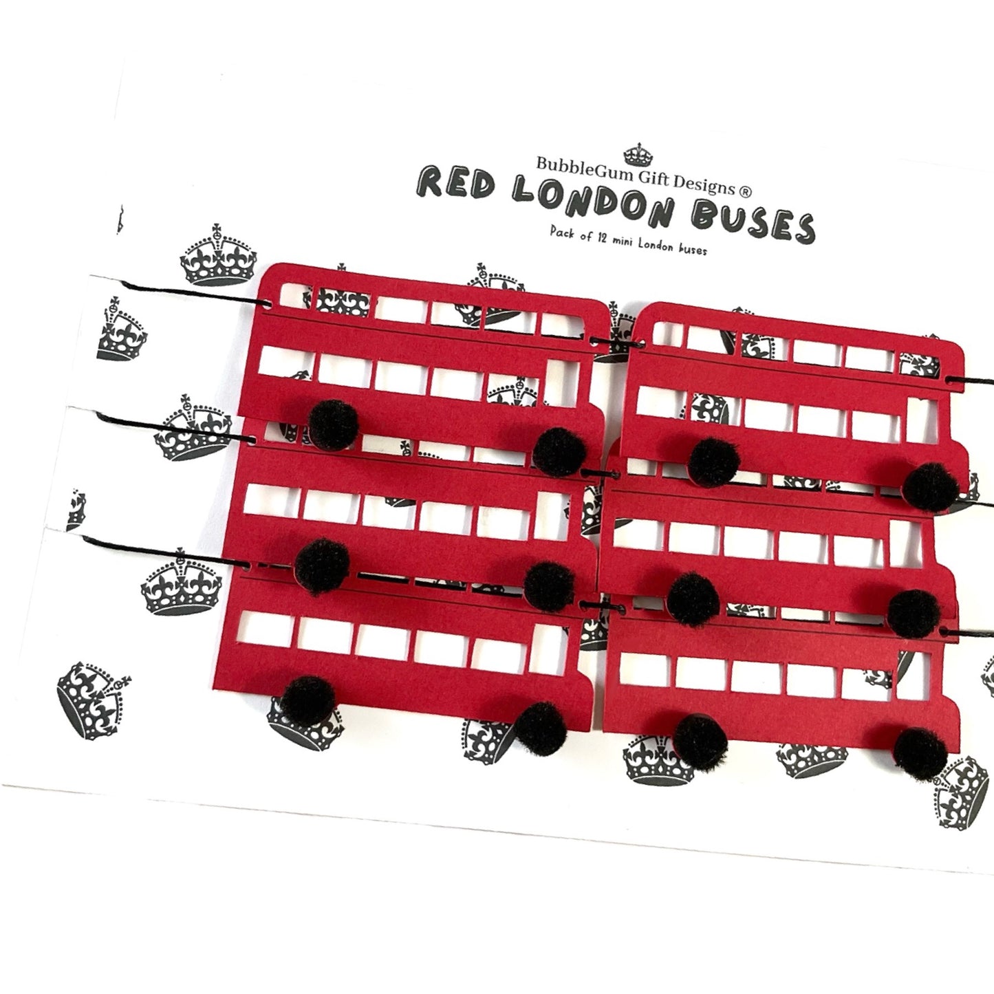 Mini double decker bus bunting, London bus transportation party, Cute red buses with pom pom wheels for baby bus first birthday