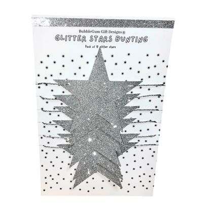 Silver glitter stars bunting with silver metallic string