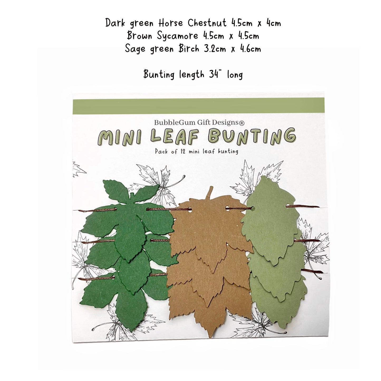 Mini leaf bunting Autumn decor, Chestnut tree Sycamore Sage green Birch tree, Leaf garland mini bunting Fall decorations for shelf decor