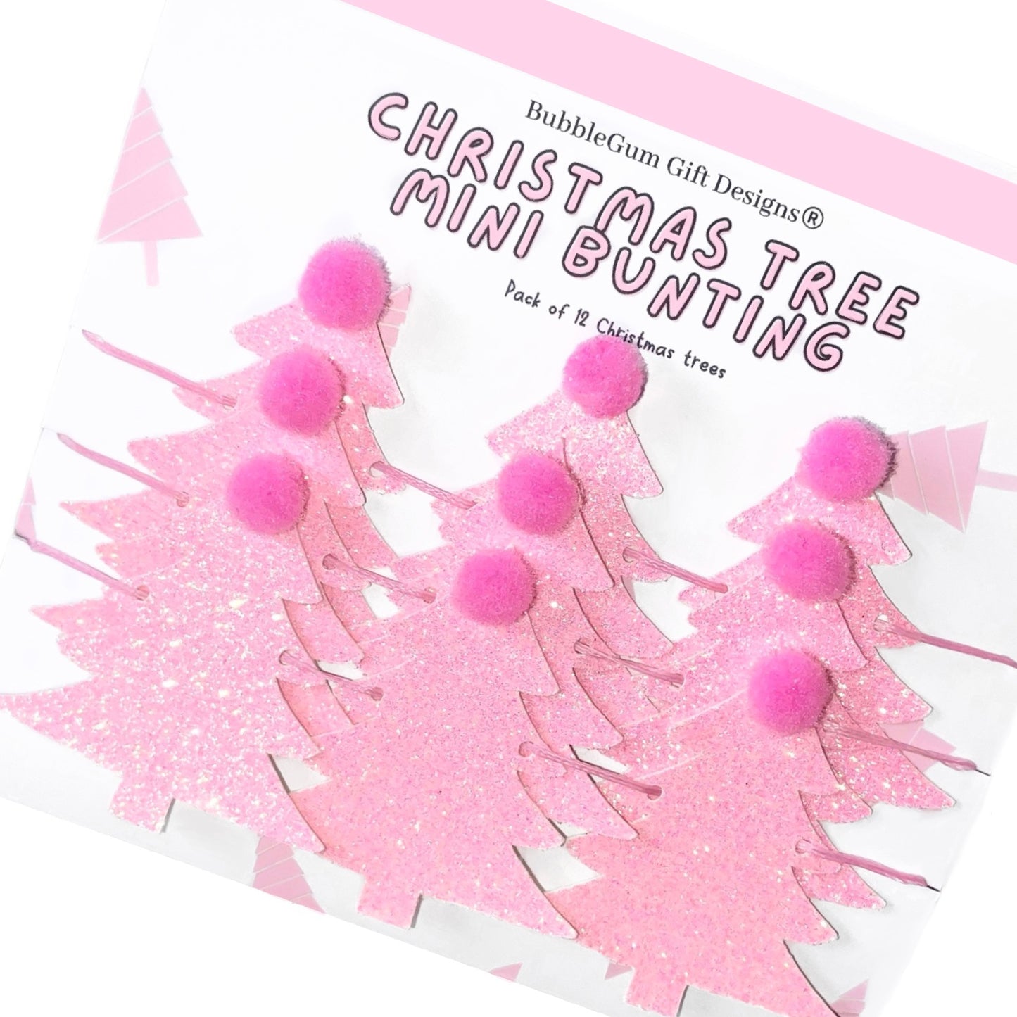 Pink Christmas tree mini bunting with pink Pom poms festive Christmas garland kitsch Christmas glitter decoration