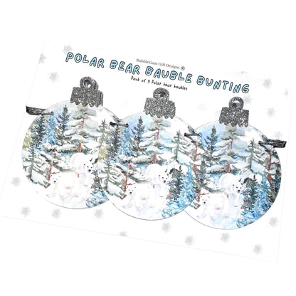 Polar bear Christmas garland, Winter scene bauble shaped bunting with glitter tops