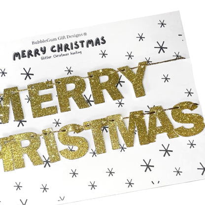 Mini Merry Christmas bunting, Pretty gold glitter Christmas sign