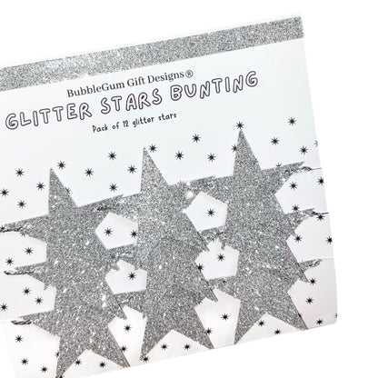 Silver glitter stars bunting with silver metallic string