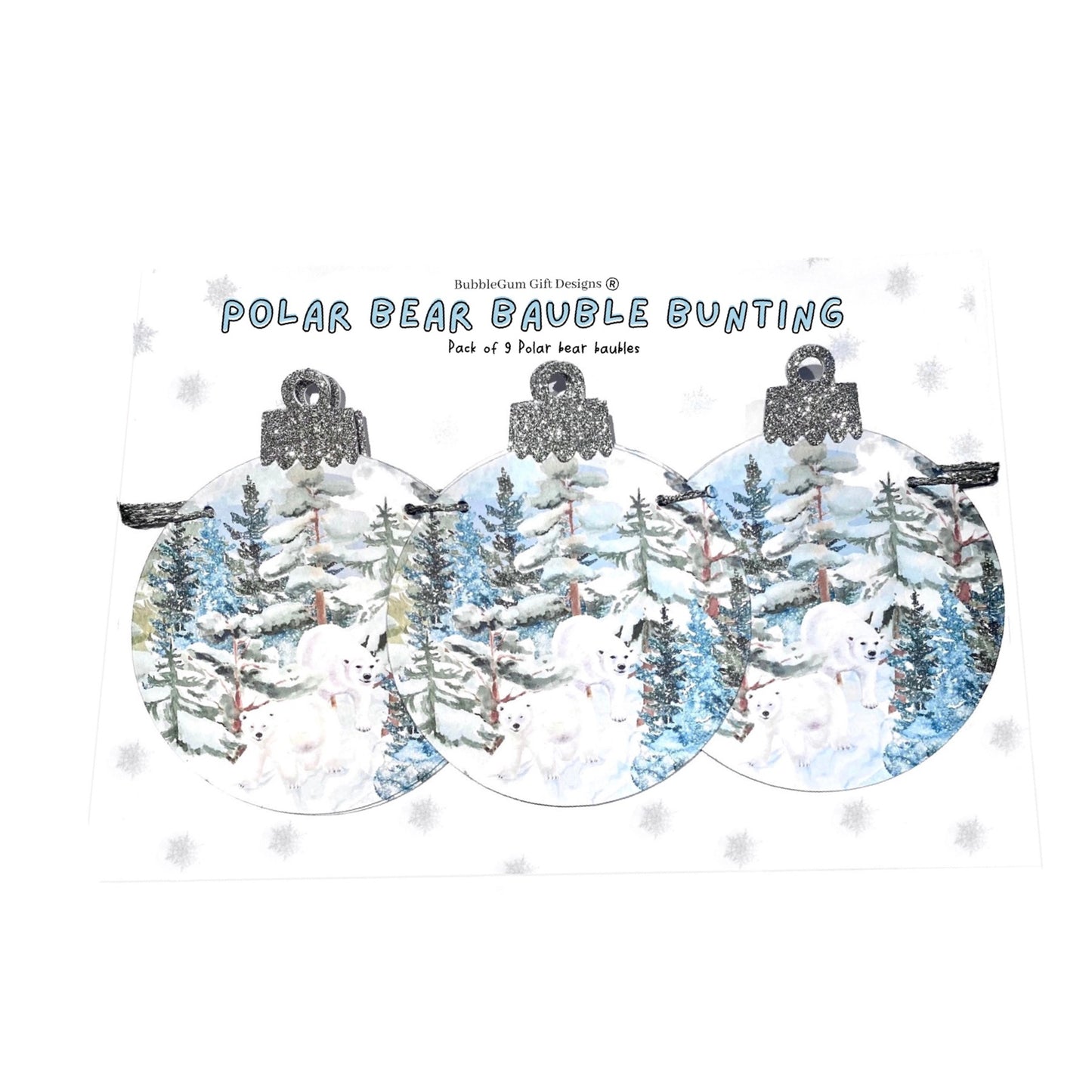 Polar bear Christmas garland, Winter scene bauble shaped bunting with glitter tops