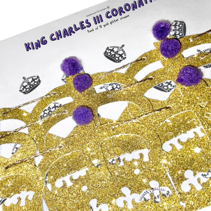 Kings Coronation party St Edward's crown 2023 gold mini bunting with purple pom poms