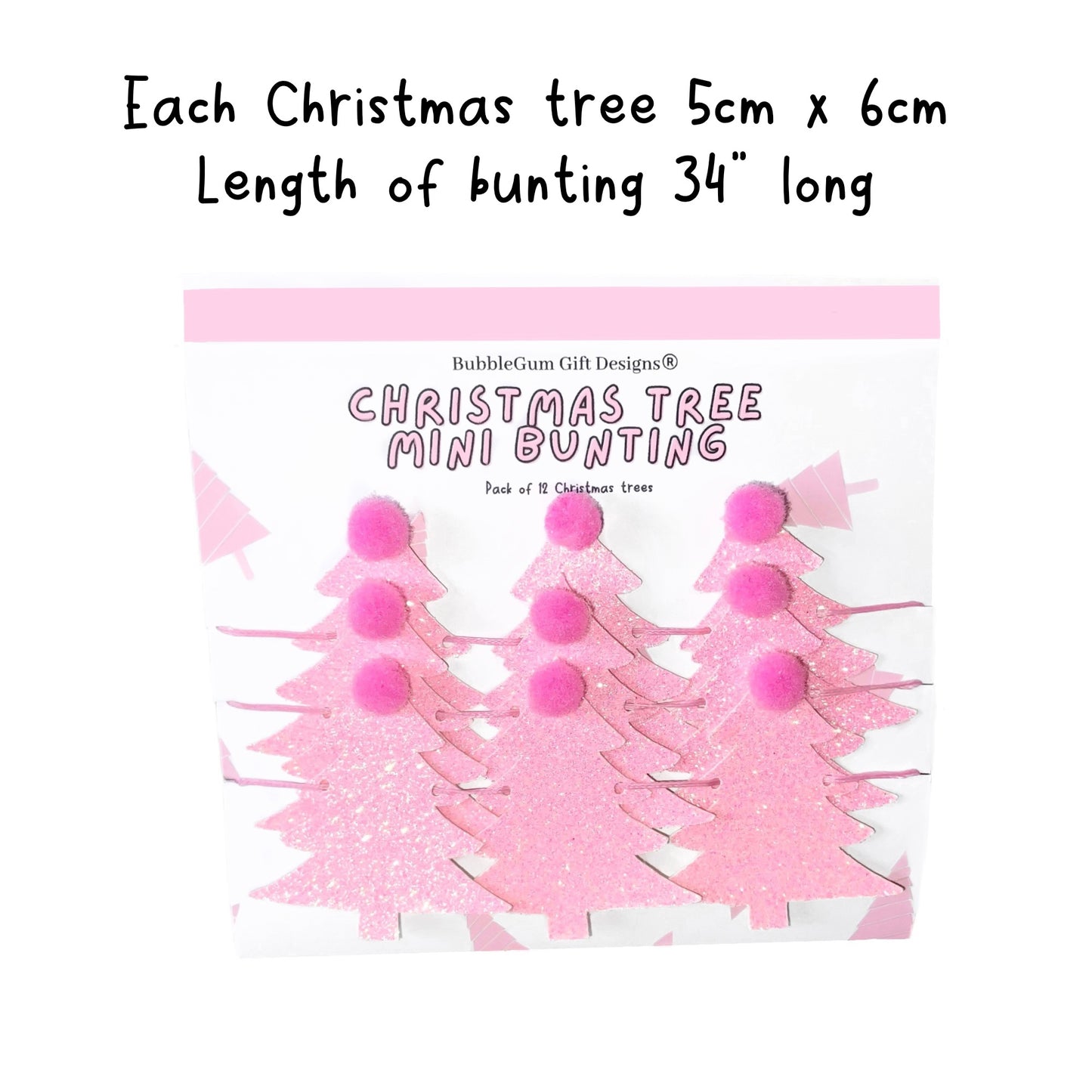 Pink Christmas tree mini bunting with pink Pom poms festive Christmas garland kitsch Christmas glitter decoration