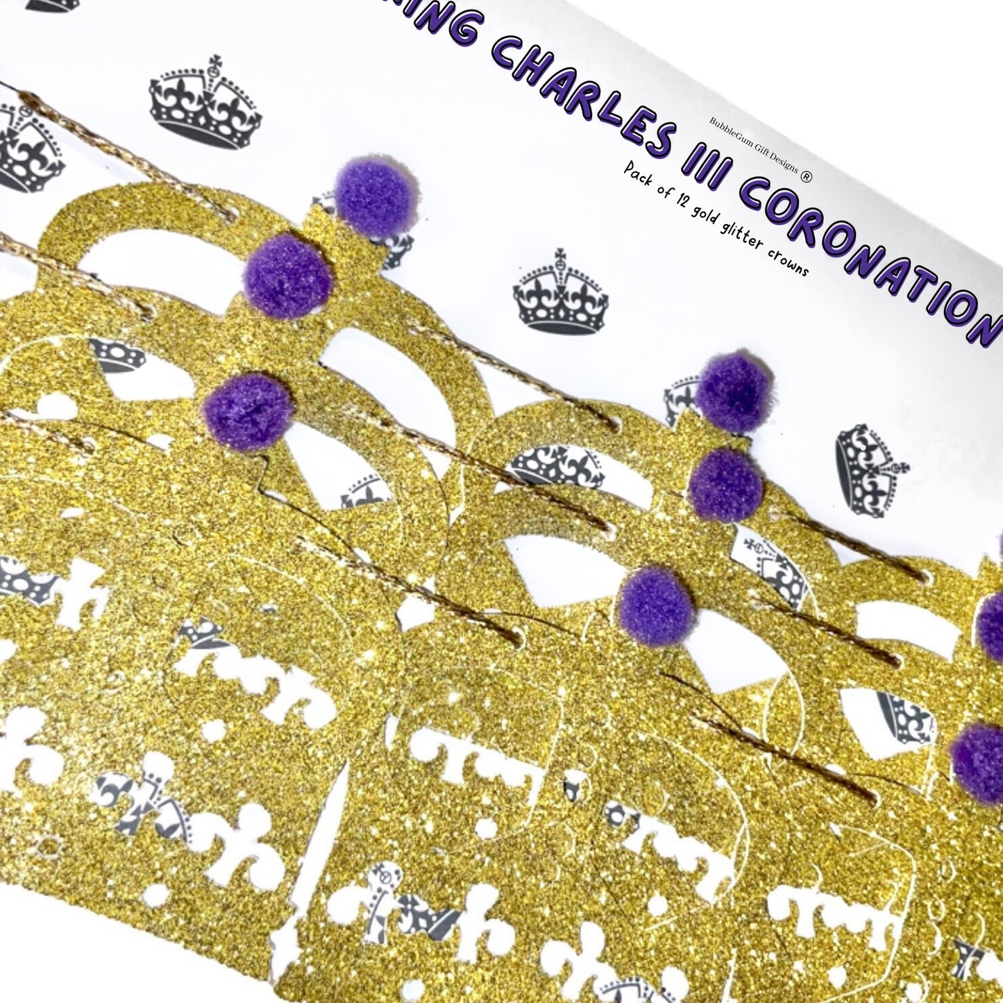 Kings Coronation party St Edward's crown 2023 gold mini bunting with purple pom poms