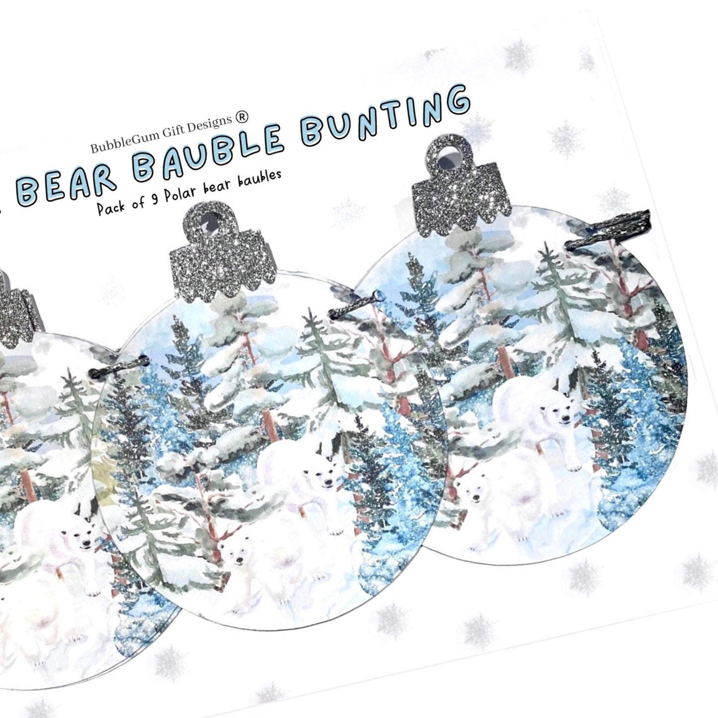 Polar bear Christmas garland, Winter scene bauble shaped bunting with glitter tops