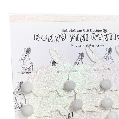 Mini white rabbit bunny garland, Glitter bunny decorations with aurora borealis tint, Bunny theme shelf decoration