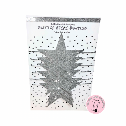 Silver glitter stars bunting with silver metallic string