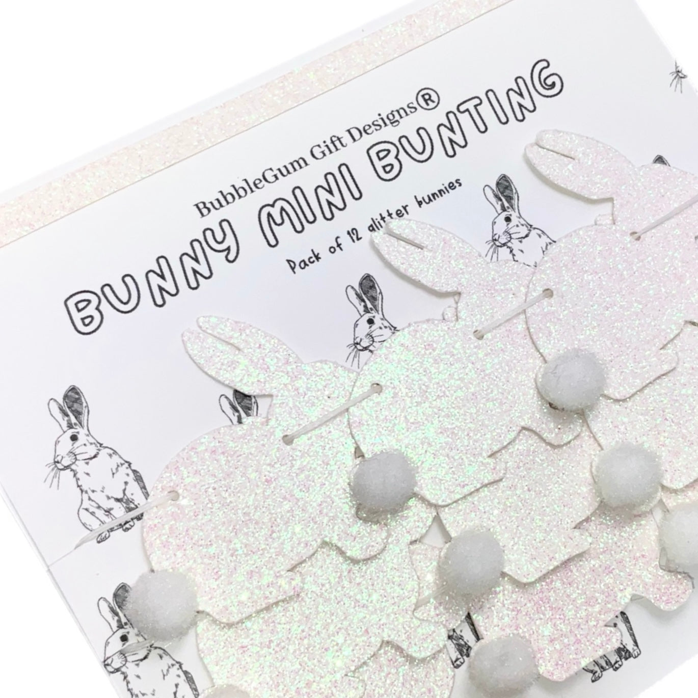 Mini white rabbit bunny garland, Glitter bunny decorations with aurora borealis tint, Bunny theme shelf decoration