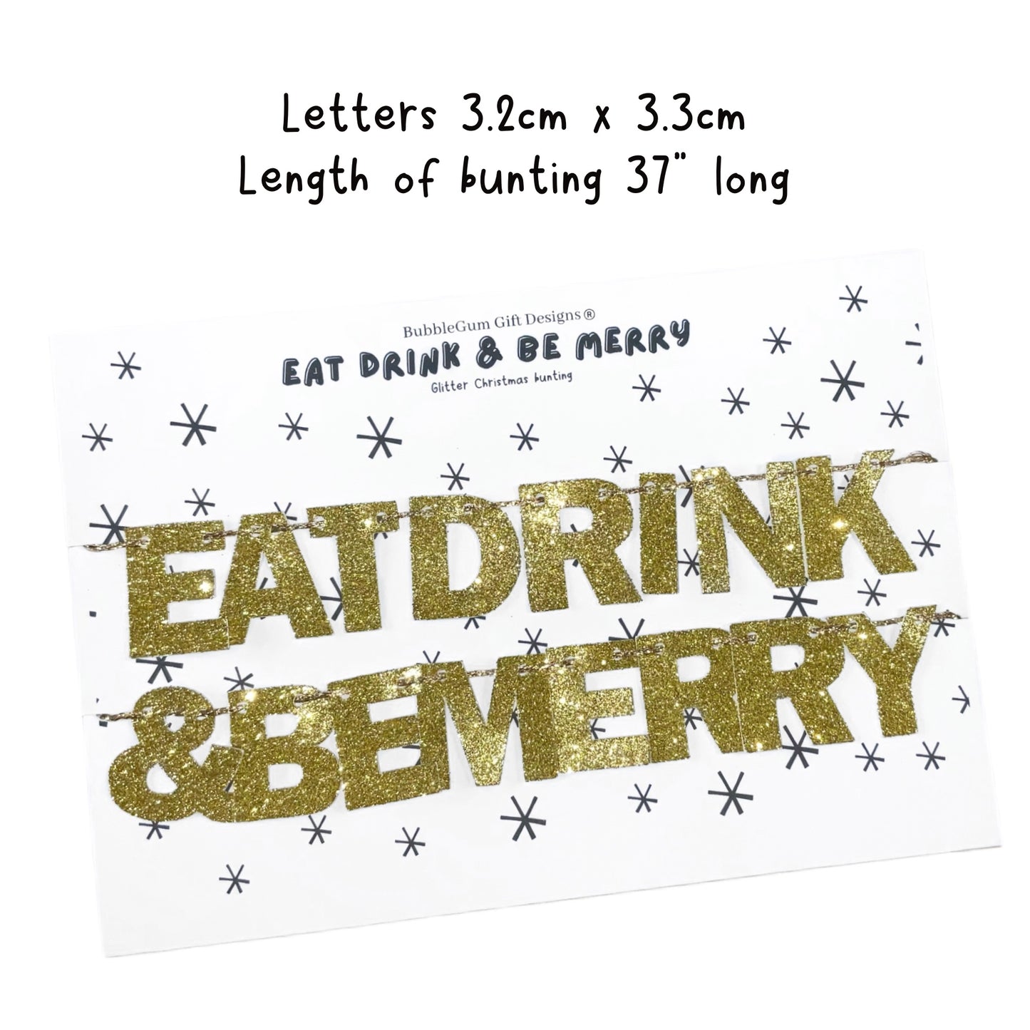 Mini gold glitter Eat drink and be Merry bunting, Sparkly festive Christmas decoration