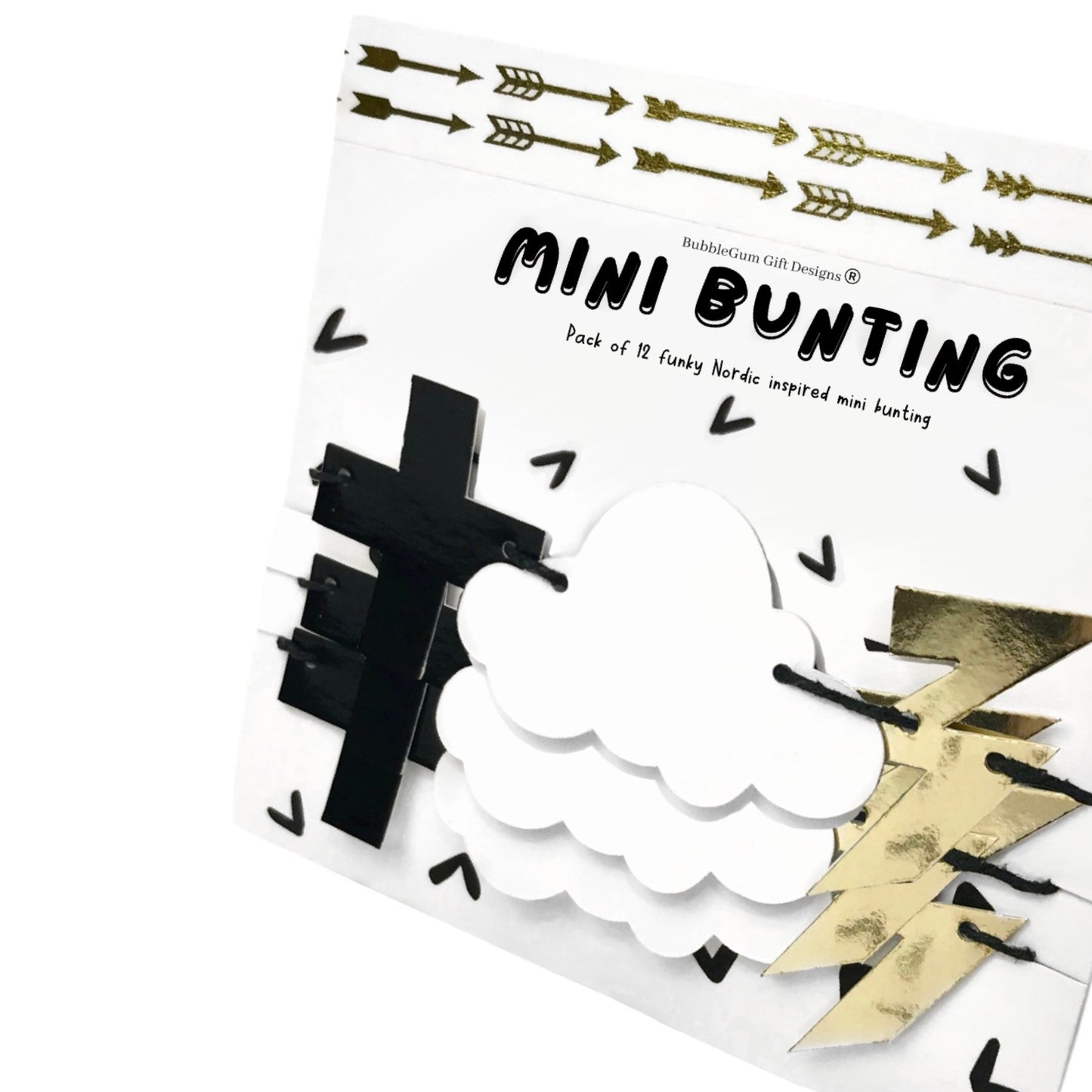 Mini bunting boys bedroom wall hanging, Gold lightning bolt, Black gloss cross and white cloud, Nordic kids room decor aesthetic