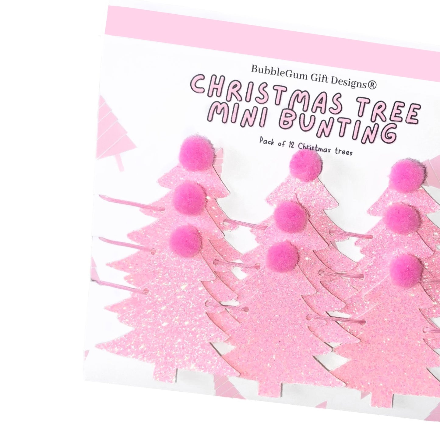 Pink Christmas tree mini bunting with pink Pom poms festive Christmas garland kitsch Christmas glitter decoration