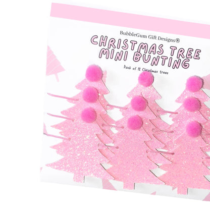 Pink Christmas tree mini bunting with pink Pom poms festive Christmas garland kitsch Christmas glitter decoration