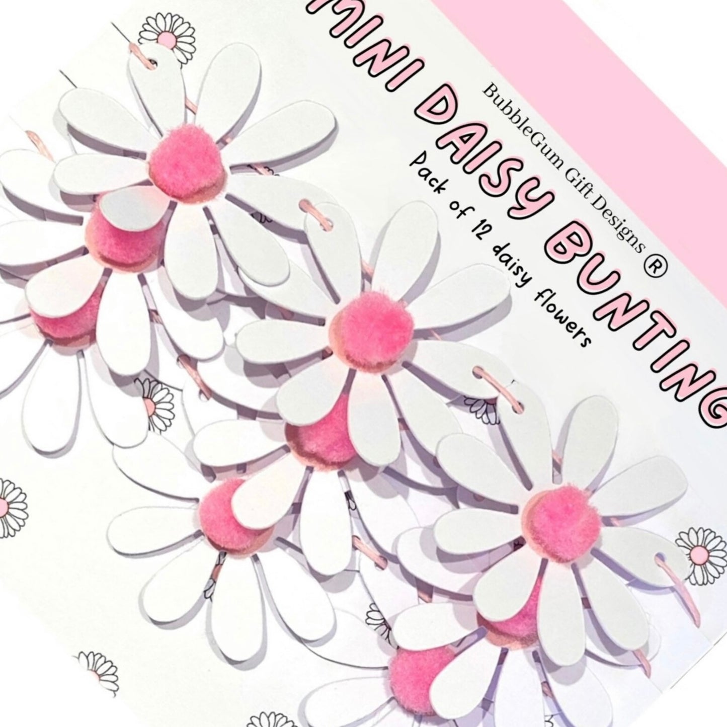 Mini white daisy flower bunting, Pretty white daisies with pink pom pom centres, Pretty Spring flower garland