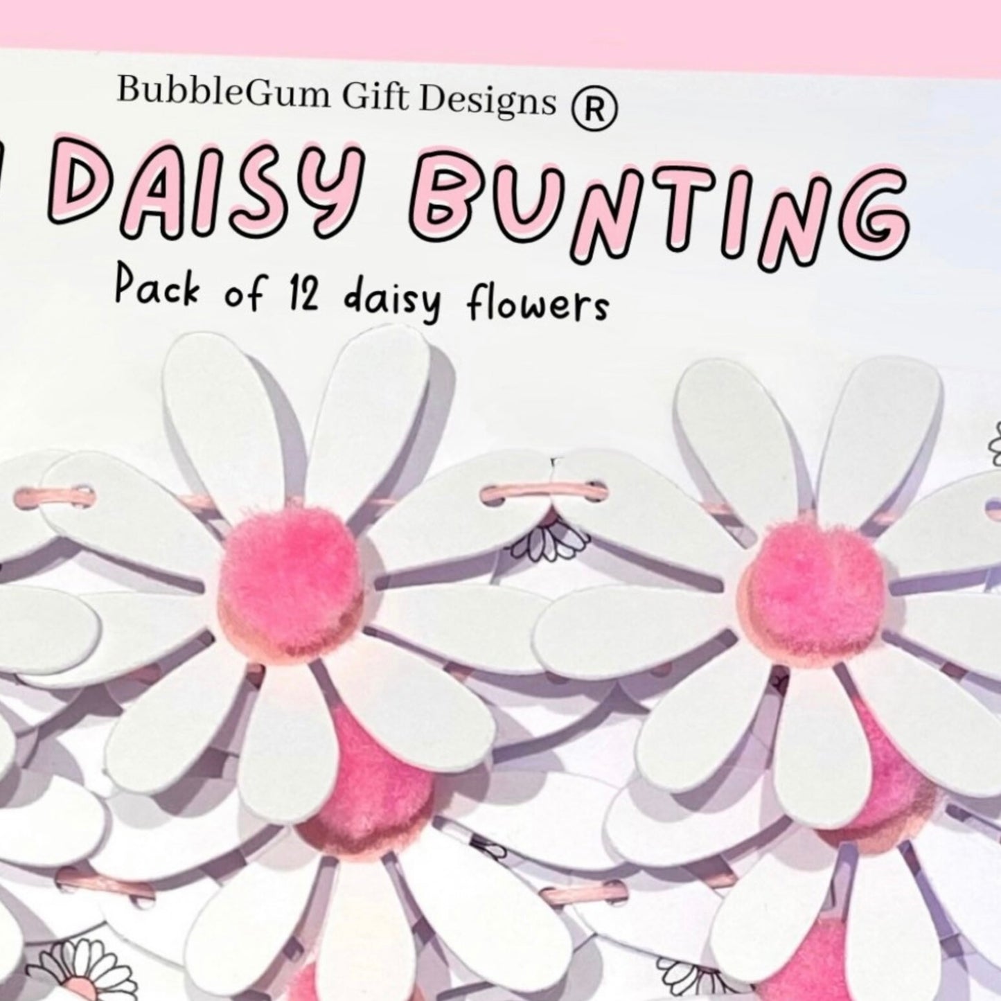 Mini white daisy flower bunting, Pretty white daisies with pink pom pom centres, Pretty Spring flower garland