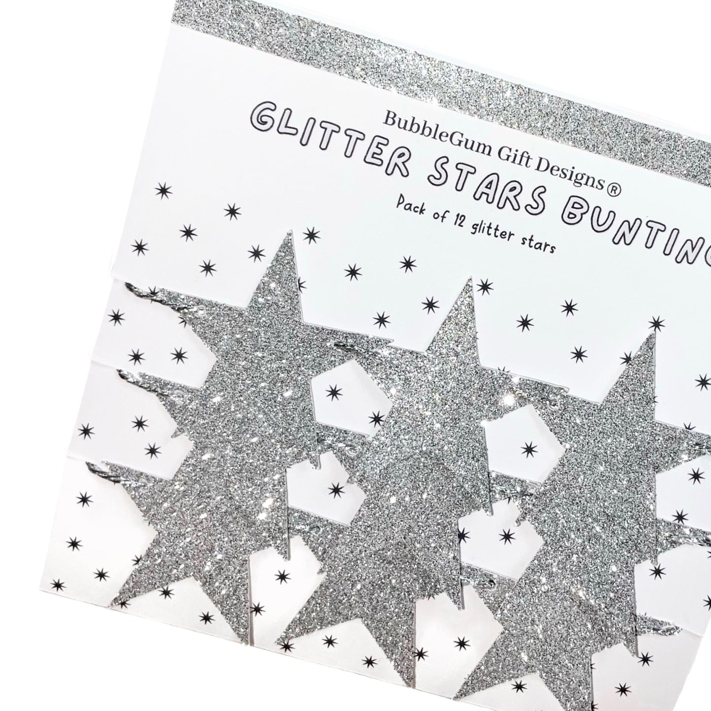 Silver glitter stars bunting with silver metallic string