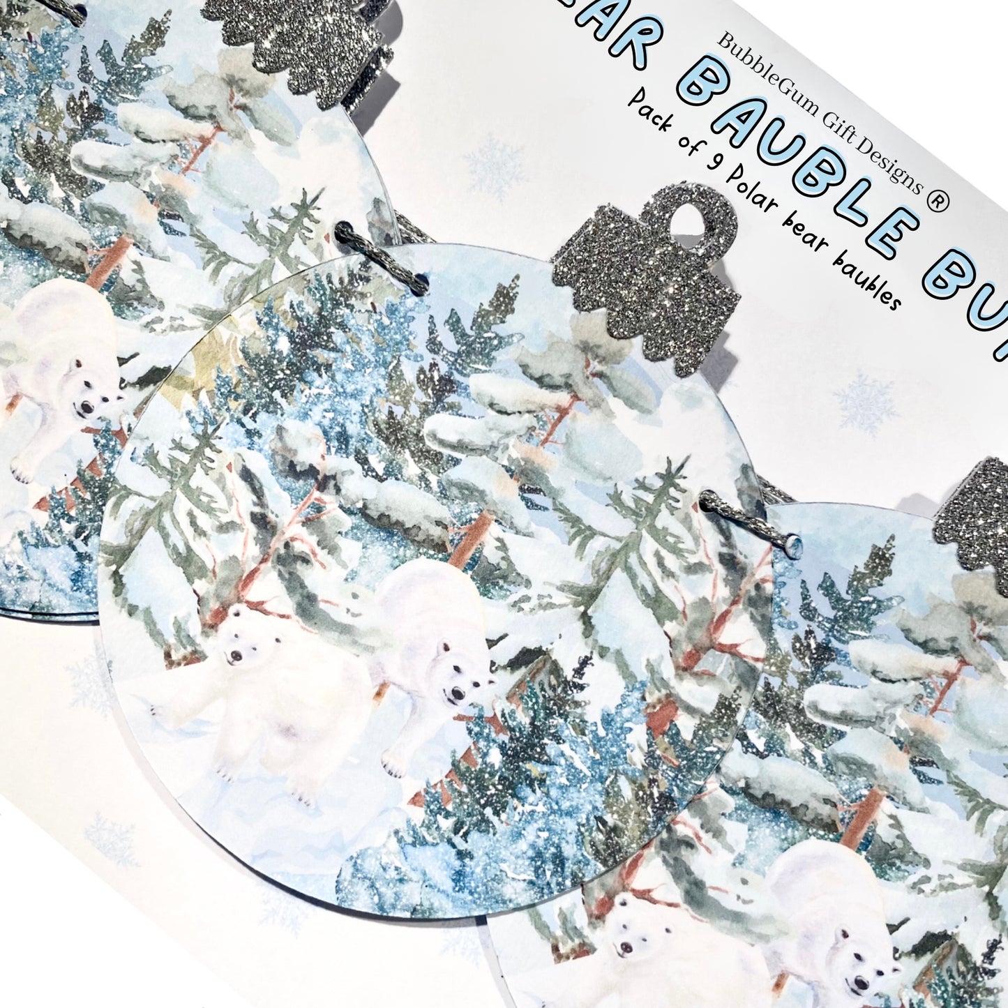 Polar bear Christmas garland, Winter scene bauble shaped bunting with glitter tops