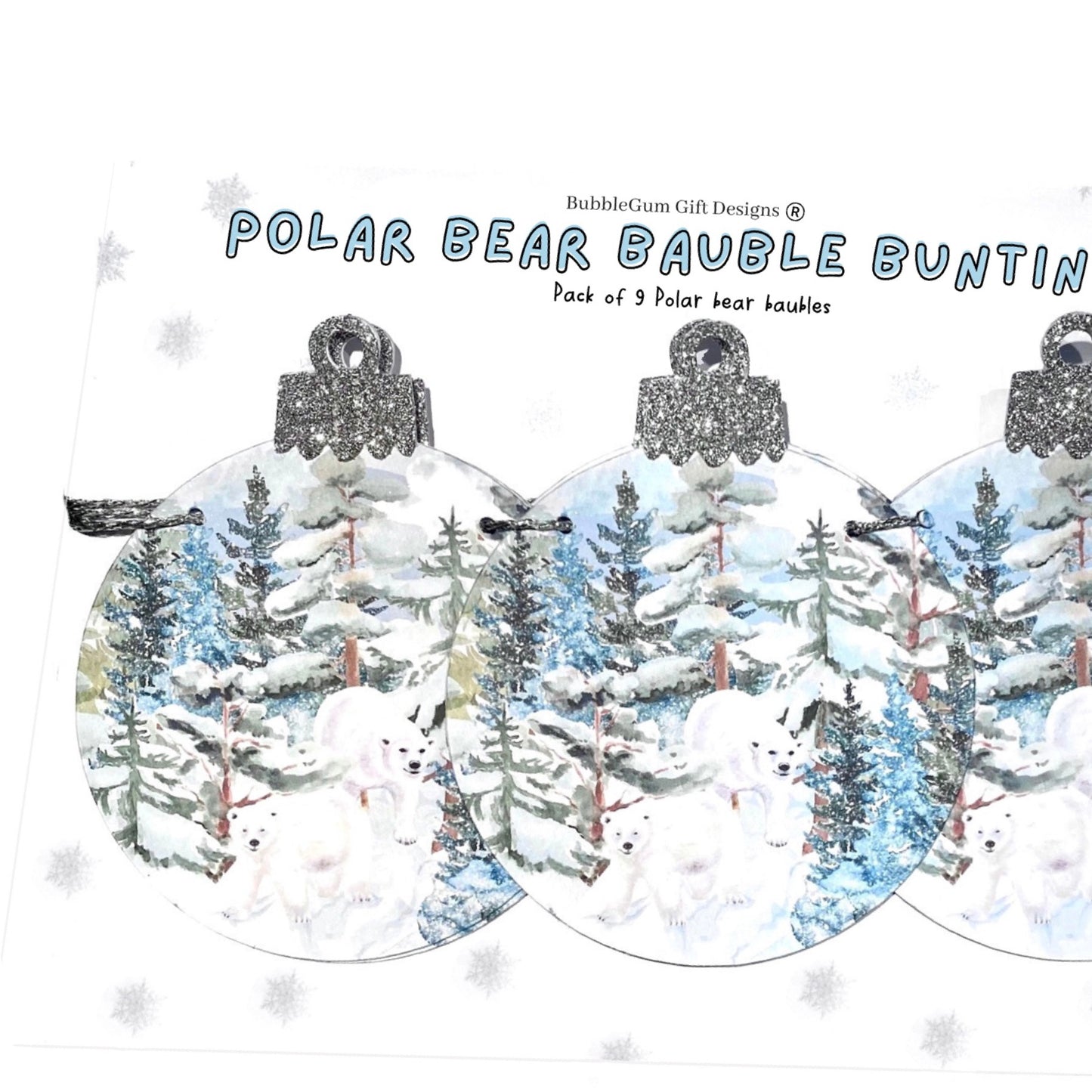 Polar bear Christmas garland, Winter scene bauble shaped bunting with glitter tops